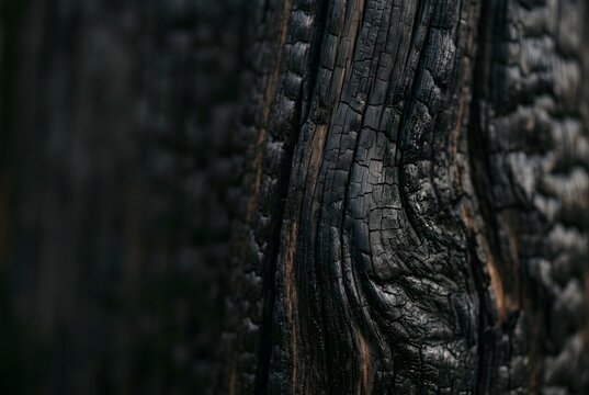 naturally charred wood showing dramatic blackened grain, fine cracks, burnt ridges and subtle warm brown undertones with generous negative space for typography