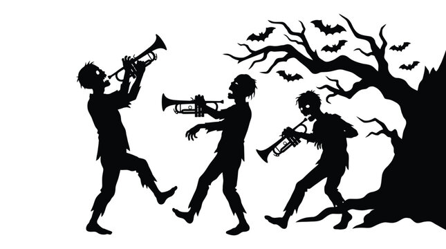 Creepy zombie band silhouettes playing golden trumpets under a spooky dark tree in vector graphic illustration