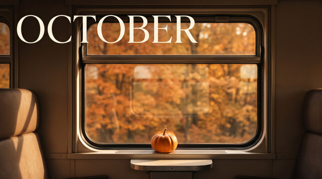 Autumn train window, cozy railway journey with orange fall forest and pumpkin in October