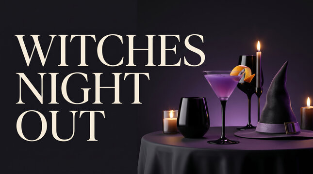 Witches night out, elegant Halloween cocktails with witch hats and candles on dark purple background
