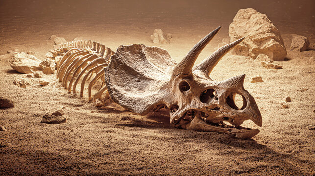 A Triceratops skeleton rests in sand with broken bones and rocks