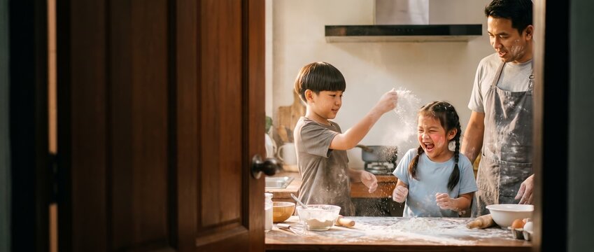 Parent and children baking together at kitchen table. Concept of family bonding, cooking skills and positive food education.