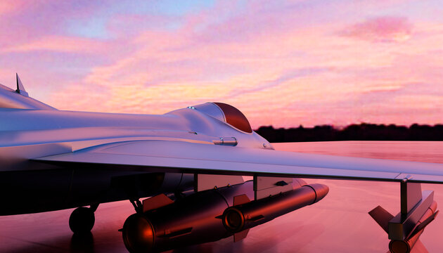 Modern fighter jet with missile on runway at sunset