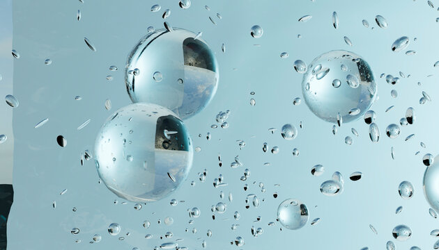 A clear water bubble floats against a light blue abstract background