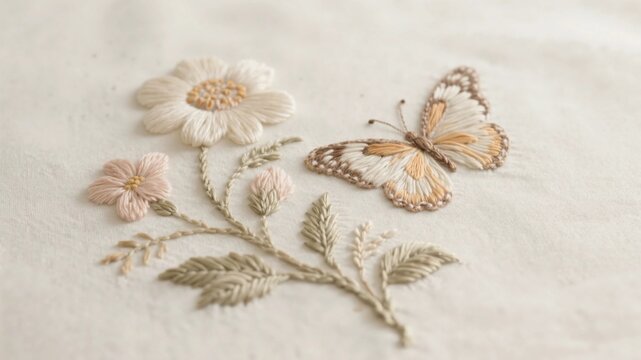 柔らかな生成りの布地にナチュラルな色合いの糸で施された花と蝶の立体的な手刺繍