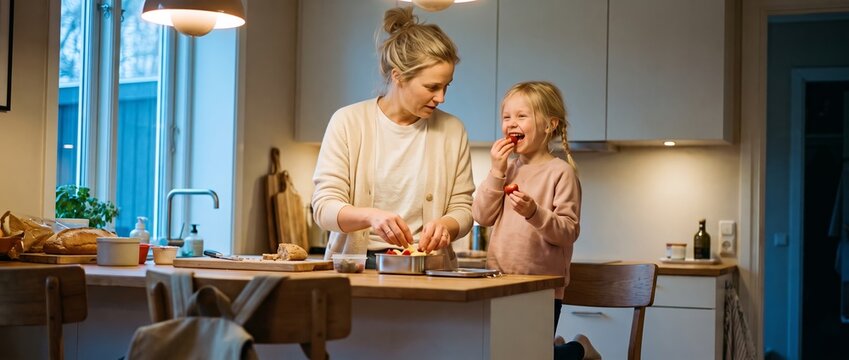 Mother and daughter tasting food during home cooking. Concept of family learning, healthy recipes and joyful kitchen routines.