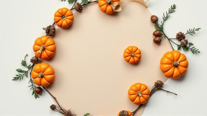 Obraz premium Autumn pumpkins, branches, cones create circular frame. Beige background provides neutral space. Festive fall composition.