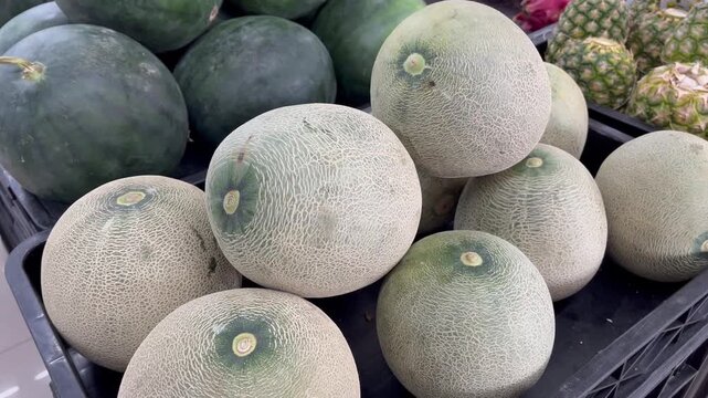 Assorted Sweet Melons Stacked At Local Fruit Vendor Stall Display