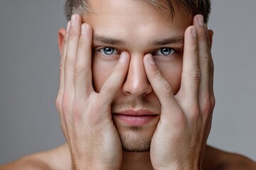 Fototapeta premium Young man holding his face with hands while looking directly at the camera indoors