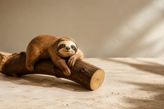 Wooden sloth figurine hanging on tree branch, nature craft concept