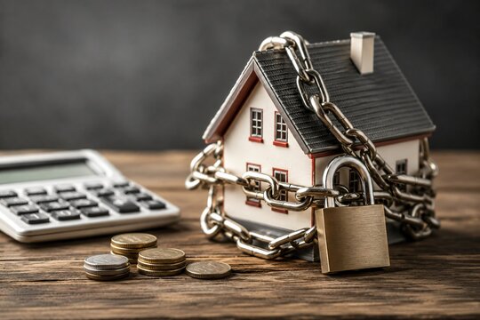 House model wrapped in chain with padlock near calculator and coins on wooden table. Frozen real estate market concept. Property mortgage crisis, home foreclosure and housing market problems