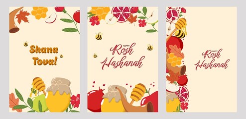 Fototapeta premium Three Rosh Hashanah greeting cards with Hebrew and English texts Shanah Tovah and Happy Rosh Hashanah, decorated with apples, pomegranates