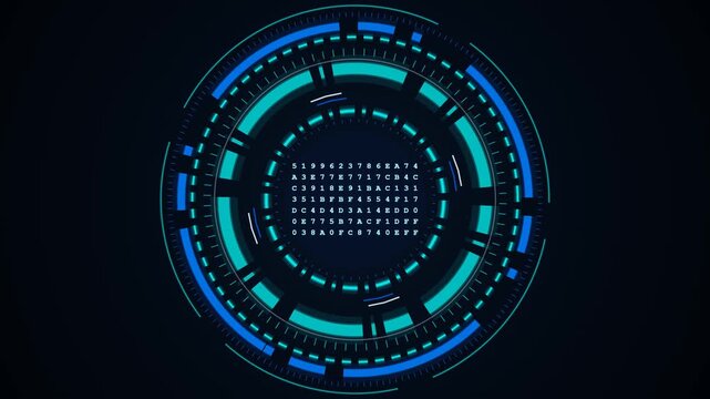 Seamless loop of a futuristic sci-fi HUD featuring spinning data rings, holographic glowing layers, and a central artificial intelligence core processing digital data.