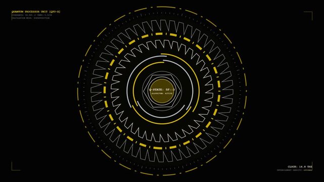 Seamless loop of an intricate quantum processor calculation HUD featuring Swiss watch-like interlocking gold and silver rings, rotating gears, and advanced algorithmic processing elements. High qualit