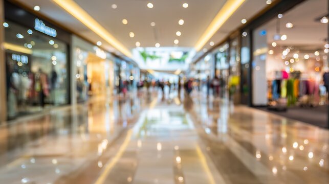 Blurred retail corridor displays shimmering highlights, creating a warm ambiance, representing a vibrant shopping experience concept