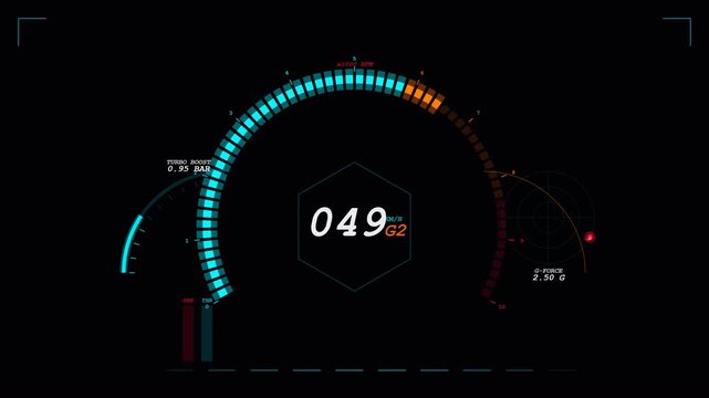 Seamless loop of a futuristic hypercar telemetry HUD featuring dynamic RPM gauges, digital speedometer, and G-Force meters. High quality 4K resolution.