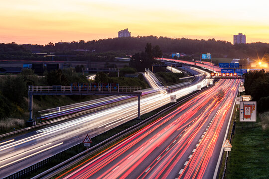 Germany, Baden-Wuerttemberg, Stuttgart, Autobahn A8 in the evening, light trails