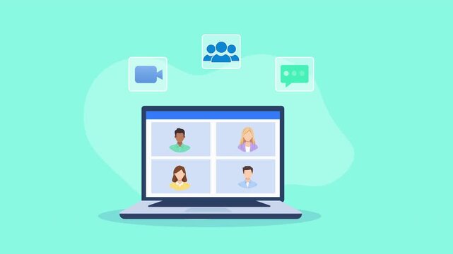 Animated video showing a laptop with a video conferencing interface featuring multiple participants, surrounded by chat, video, and team icons on a turquoise background.