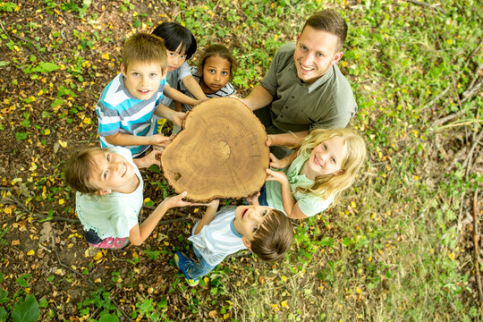 School children examining tree trunk with teacher, looking up