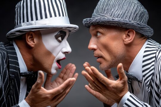 Two performers engage in a dramatic face-to-face interaction with expressive gestures