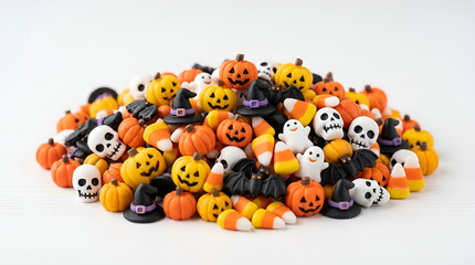 Fototapeta premium Pile of colorful Halloween sprinkle candies shaped orange jack-o-lantern pumpkin, white skull, white ghost, black bat, black witch hat, candy corn, isolated clean white background