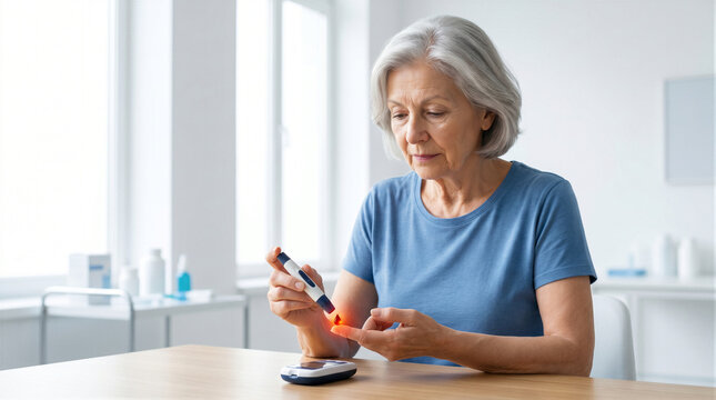 Senior woman measuring blood sugar level with glucometer at home. Diabetes test with blood drop on finger. Glucose monitoring and health care for elderly people. Chronic disease management concept.