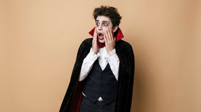Shocked man dressed in a vampire costume for halloween