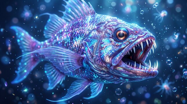 Predatory Fish with Sharp Teeth in Glowing Underwater Illustration
