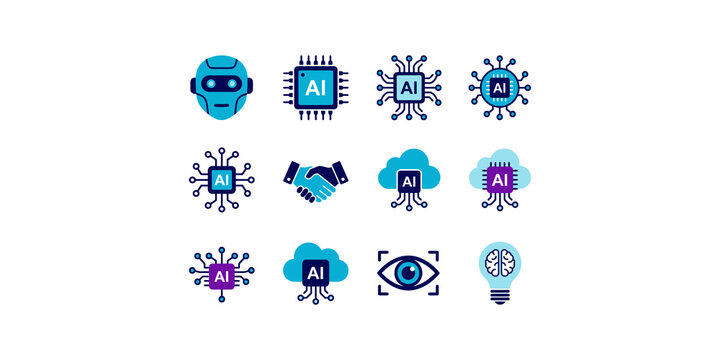 Artificial intelligence technology icons set featuring robot chips clouds and brain lightbulbs for digital innovation.