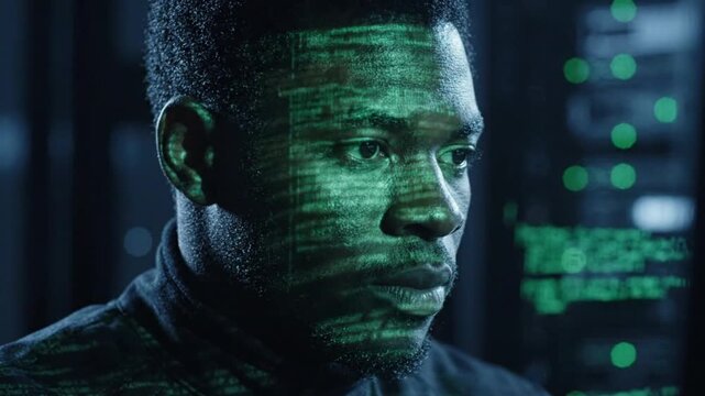 African American IT Specialist with Glowing Green Code Projected on Face Working in Dark Server Room for AI Cybersecurity and Data Analytics Concept