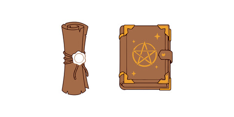 Ancient scroll parchment and leather spell book with pentagram magic symbols for mystical fantasy game character assets. © Akash