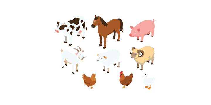 Collection of various isometric farm animals including cow, horse, pig, goat, sheep, ram, chicken, and duck.