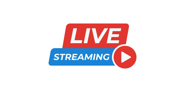 Live streaming red and blue graphic tag with play button icon for video broadcast social media network content sharing.