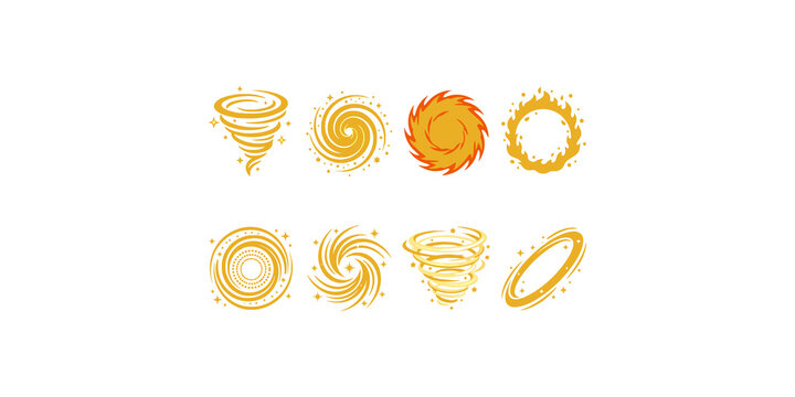 Cartoon wind and fire effect set featuring yellow tornadoes and orange swirls designed for game assets and motion graphics.