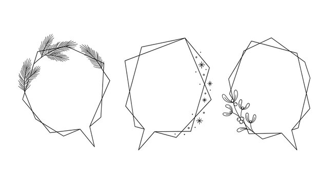 Set of geometric christmas speech bubble frames with pine branches and mistletoe isolated on transparent background