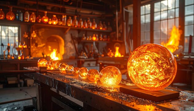 Glass Blowing Studio with Glowing Molten Glass Orbs in Furnace Light