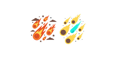 Group of cartoon meteorites falling from sky with happy and sad faces in orange and blue colors. © Akash
