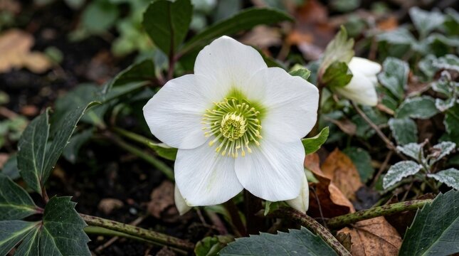 Beautiful white hellebore flower blooming in a winter garden closeup of christmas rose helleborus niger