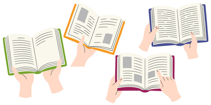 Hands holding open books vector illustration set. People reading textbook, encyclopedia, magazine, dictionary isolated on white background. Hand drawn style education and literature concept