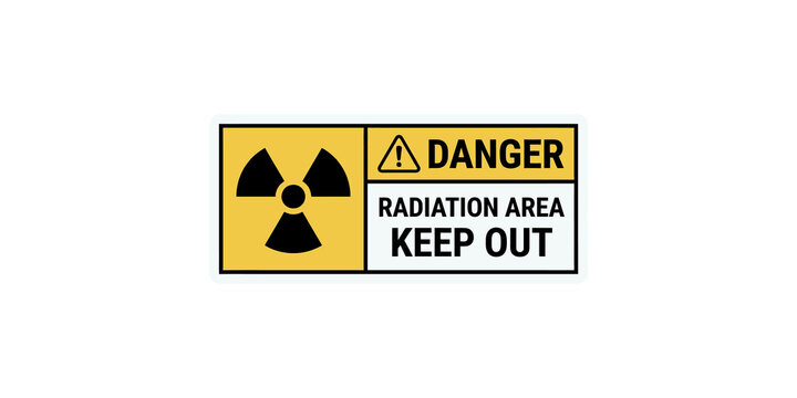 Danger radiation area keep out horizontal sign with yellow warning symbol and black bold text for restricted facility zones.