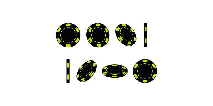 Set of black poker casino chips with bright yellow rim markings shown in various angles for gambling game interface design.