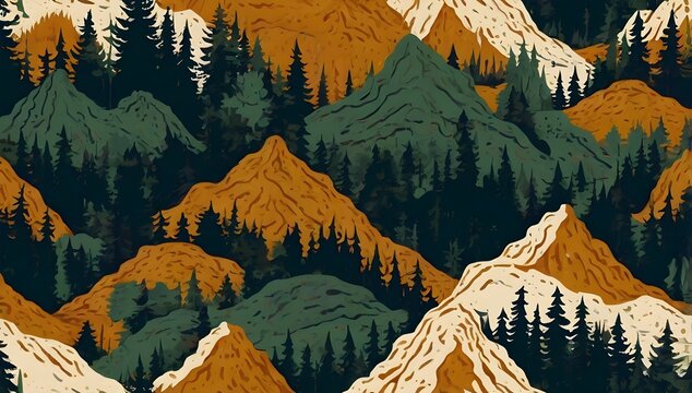 Seamless pattern of stylized mountain peaks and evergreen forest. Retro nature background with abstract alpine wilderness landscape.