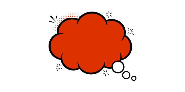 Comic cloud speech bubble with halftone dots and thought elements illustration, empty red background for text or message.