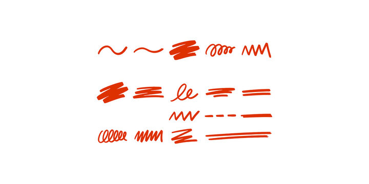 Red hand-drawn underline and scribble set of various shapes, isolated on transparent background, marker pen style.