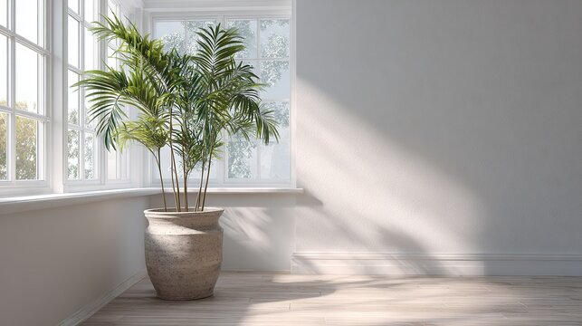 Lush tropical palm plant sits near a bright window, bathed in sunlight, representing interior design and peaceful home decor