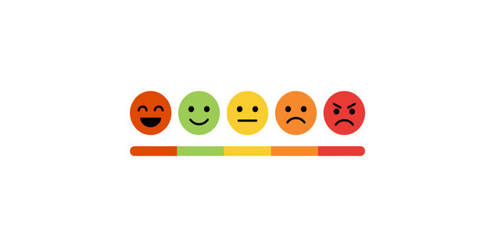 Feedback scale of flat colored emoji faces with color gradient bar for customer satisfaction rating and emotional data.
