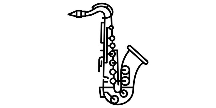 Minimalist black outline saxophone icon representing musical instrument for jazz band performance and orchestra art designs.