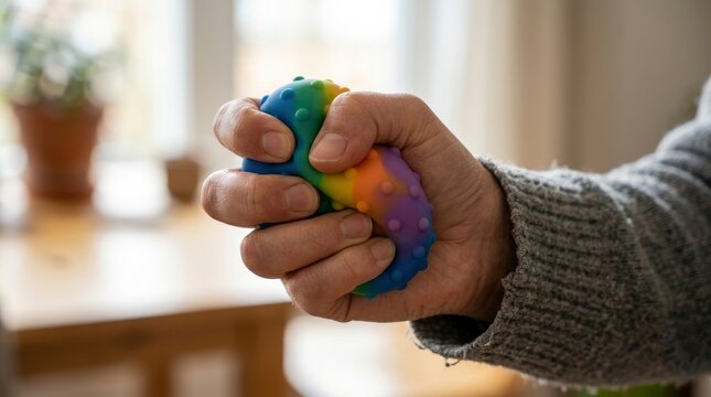 Close up of hand squeezing a colorful textured stress relief toy to manage anxiety and joint pain at home