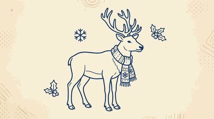 Whimsical reindeer illustration wearing a scarf in a cozy winter scene with snowflakes and a dotted beige background © pradana