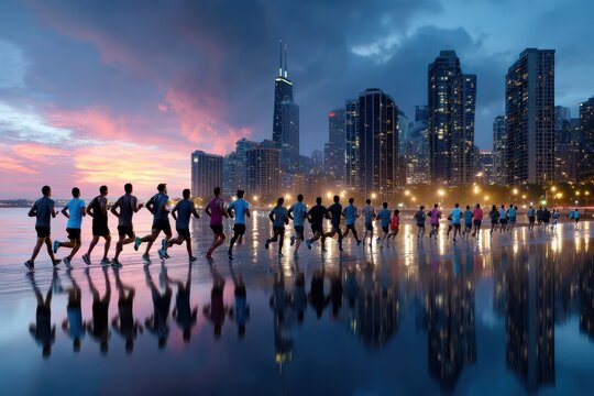 Running along the waterfront as the sun sets over a city skyline in summer